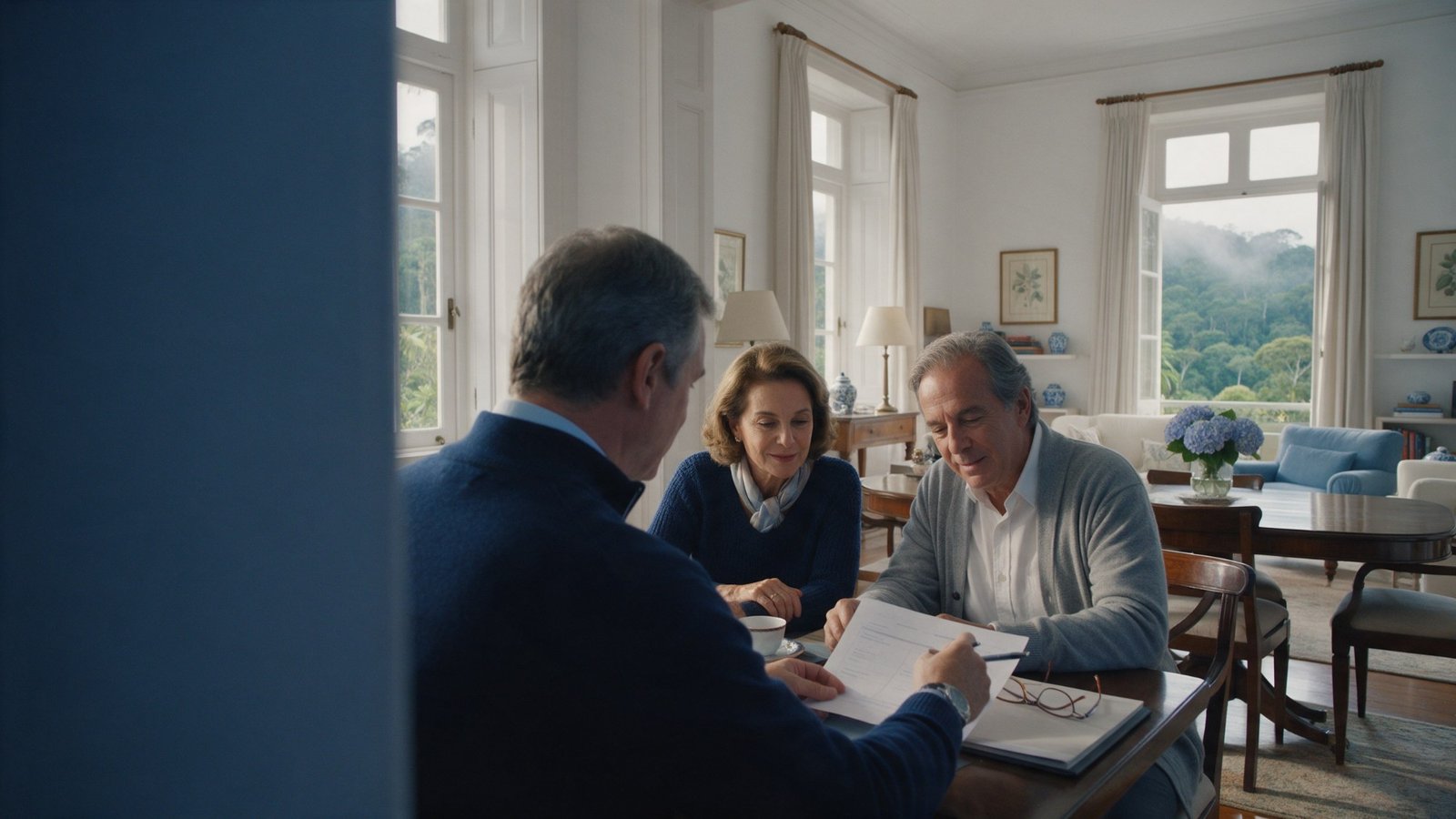 Consultor de costas apresentando um estudo a um casal em uma sala com vista para a serra